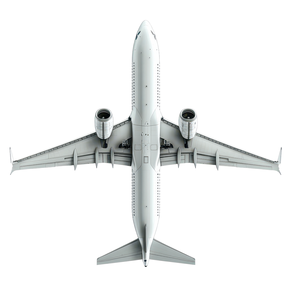 Airplane in a clean transparent background, showcasing a top-down view of the aircraft's design and structure, Airplane isolated on transparent background png