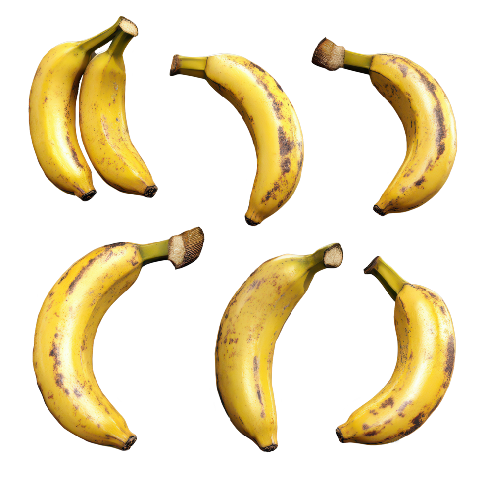 Different angles of bananas arranged artistically on a dark background showcasing their vibrant yellow color, Bananas in different angles png