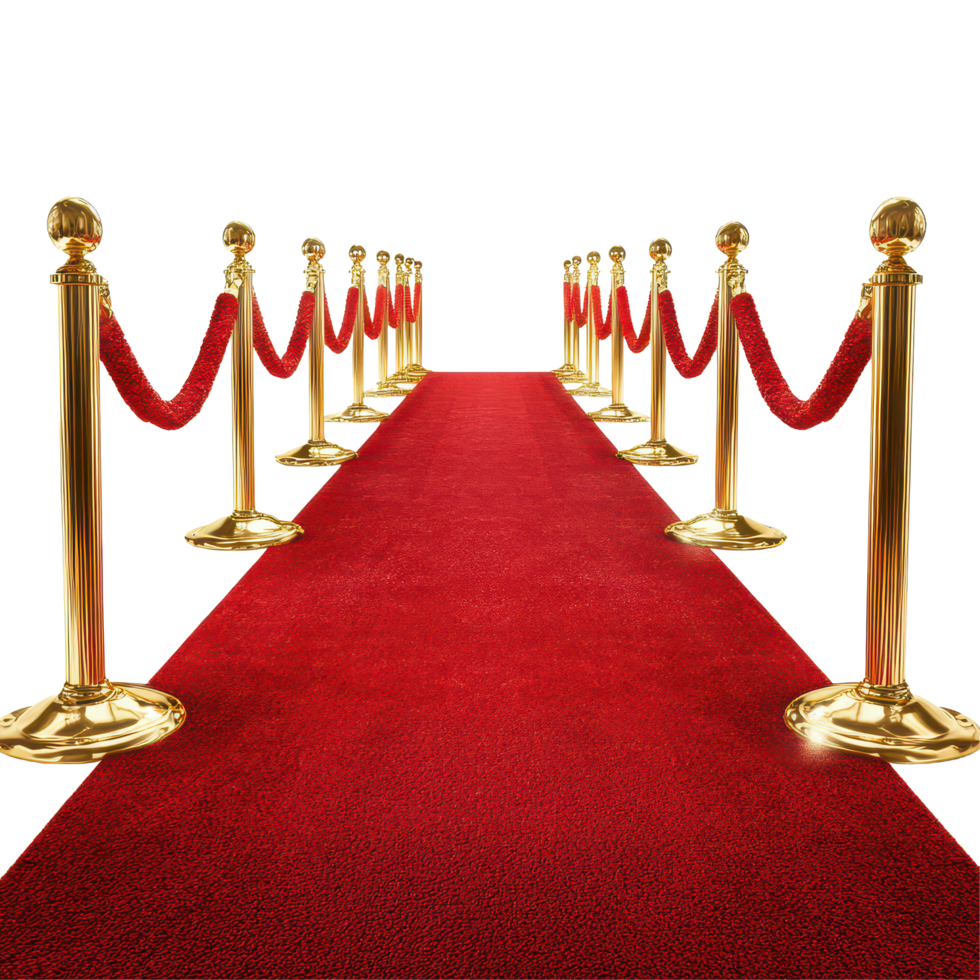 A glamorous red carpet lined with gold barriers welcomes celebrities at a prestigious event in the evening, a red carpet with gold barriers creating a glamorous entrance, transparent background. png
