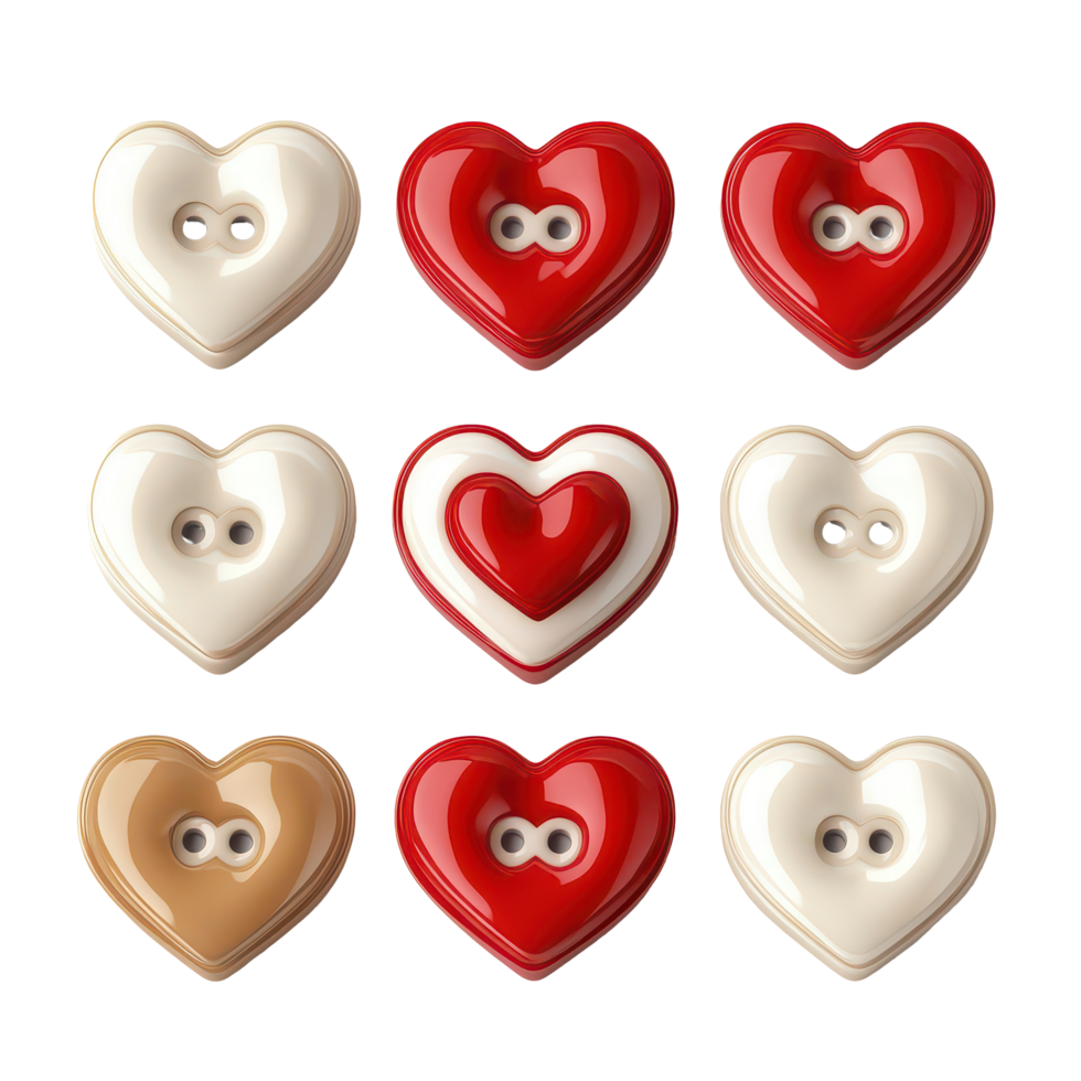 Heart-shaped buttons in various colors arranged neatly on a transparent background for crafting and design projects, 3d heart buttons isolated on transparent background png
