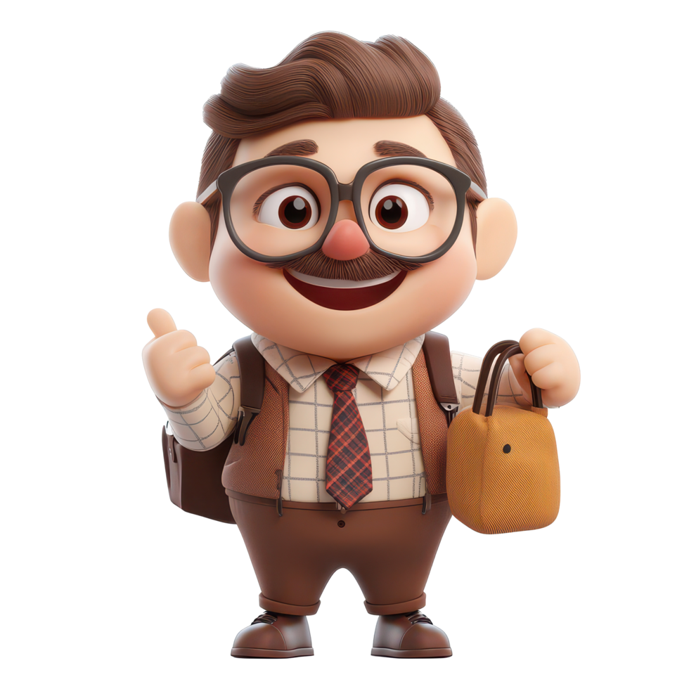 Cartoon teacher character with glasses, backpack, and bag giving a thumbs up on a transparent background, 3D Cartoon Teacher Character Isolated on transparent background png