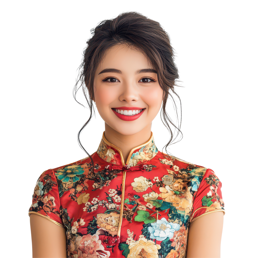A beautiful smiling Chinese woman in a floral dress on a bright background, radiating joy and positivity, a portrait photo of beautiful smiling chinese woman in a qipao png