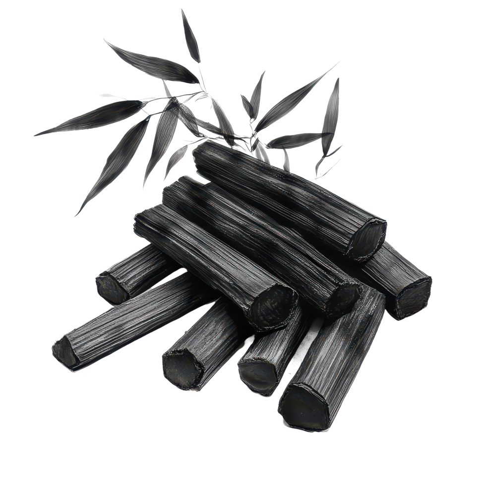 Bamboo charcoal sticks arranged with bamboo leaves on a transparent background showcasing natural materials, Bamboo charcoal isolated on transparent background png