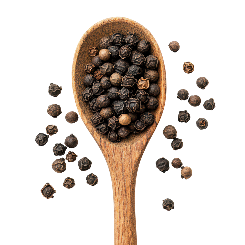 Black pepper corns in a wooden spoon on a transparent background, showcasing culinary spices for flavor enhancement, Black pepper corns in wood spoon isolated on transparent background png