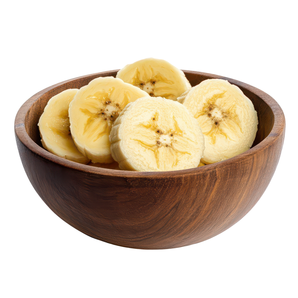 Fresh banana slices in a wooden bowl isolated on a clean transparent background for healthy snacking ideas, Banana slice in wood bowl isolated on transparent background png