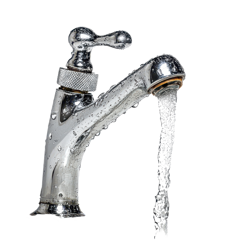 Water flows from a modern chrome faucet against a transparent background, showcasing its sleek design and function, a running faucet with water flowing out, transparent background. png