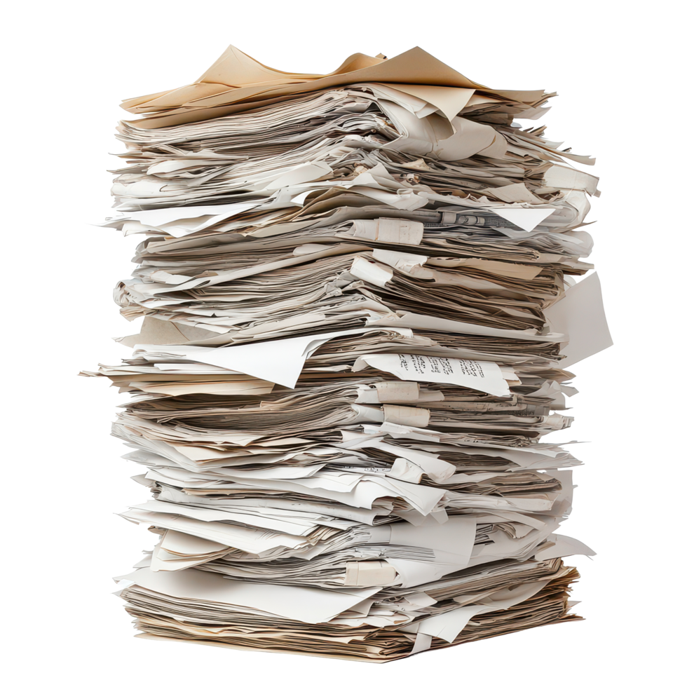 A towering stack of unread papers ready to be discovered in an office setting, A Tower Unread Papers Ready to Be Discovered, transparent background. png