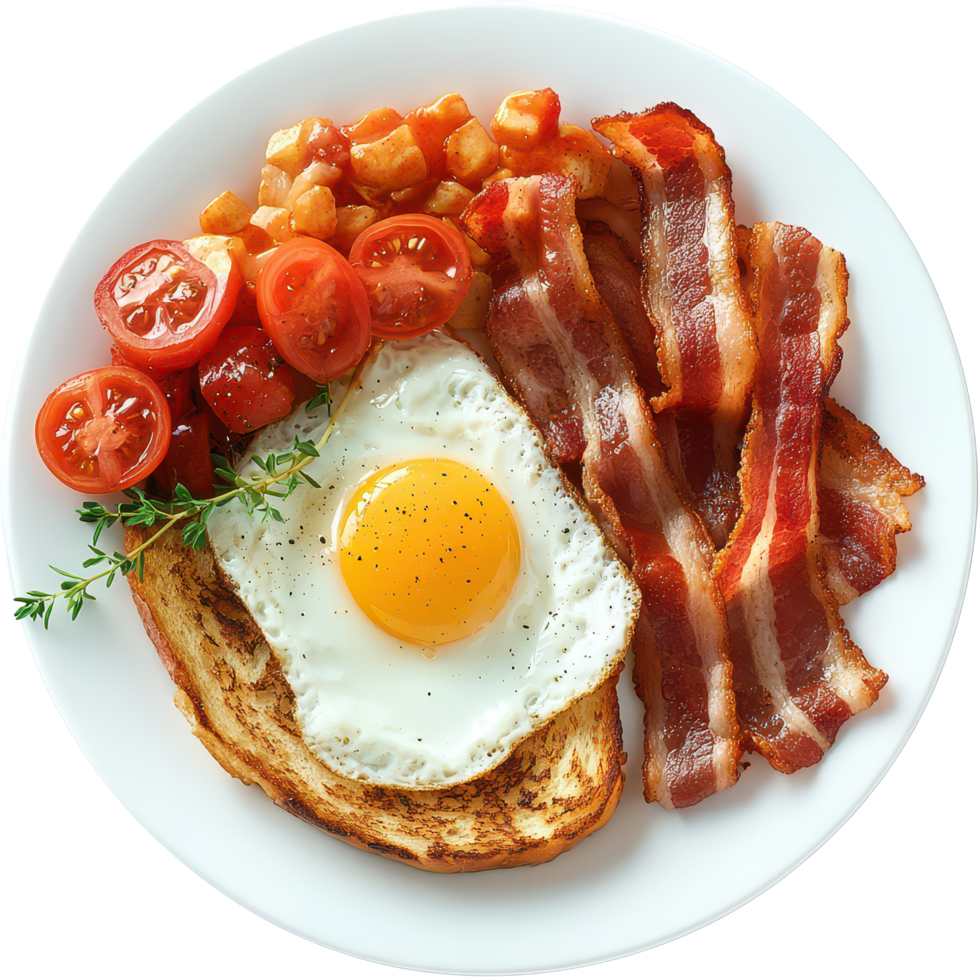 Delicious big breakfast featuring egg, crispy bacon, tomatoes, and hash browns on a plate, Big Breakfast, with egg and bacon, transparent background. png