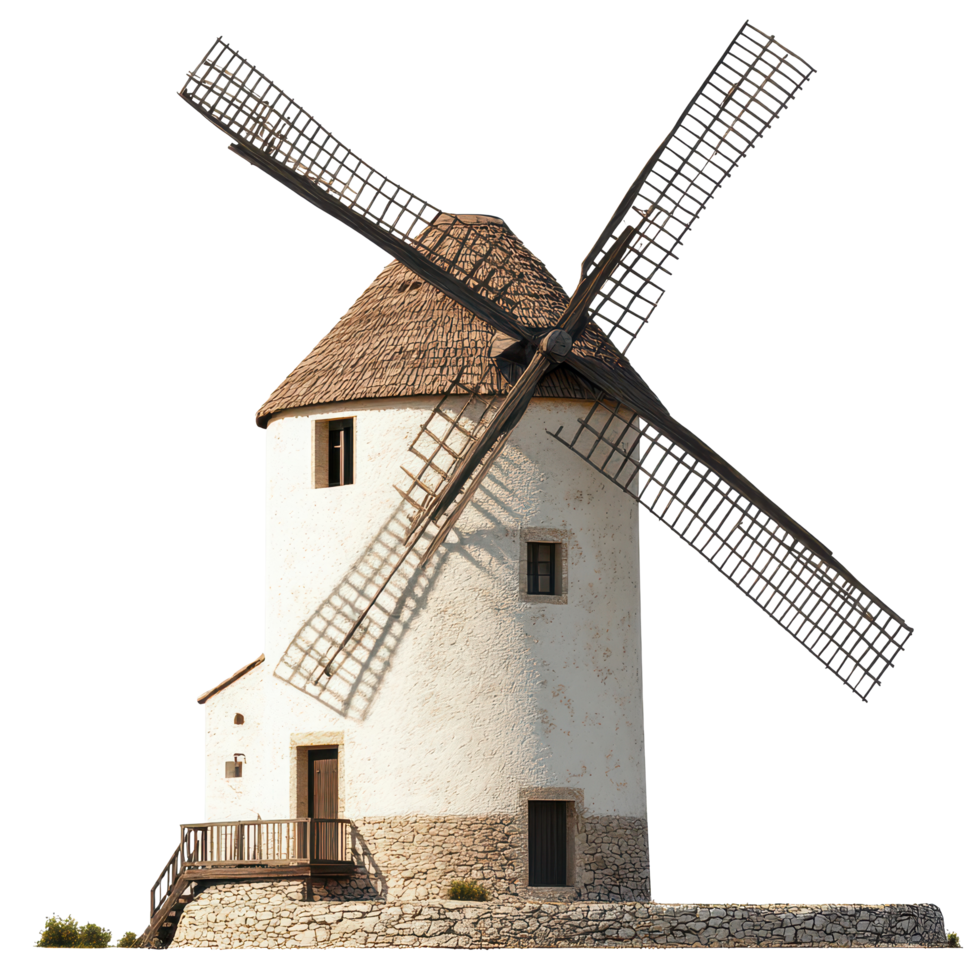 An old windmill with wooden blades against a clean background showcasing traditional architecture, a old windmill, transparent background. png