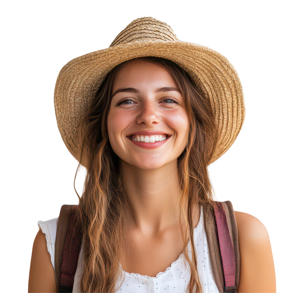 A smiling woman enjoying summer travel with a straw hat and backpack in a sunny outdoor setting, a portrait photo of smiling woman in summer travel attire, isolated transparent background png