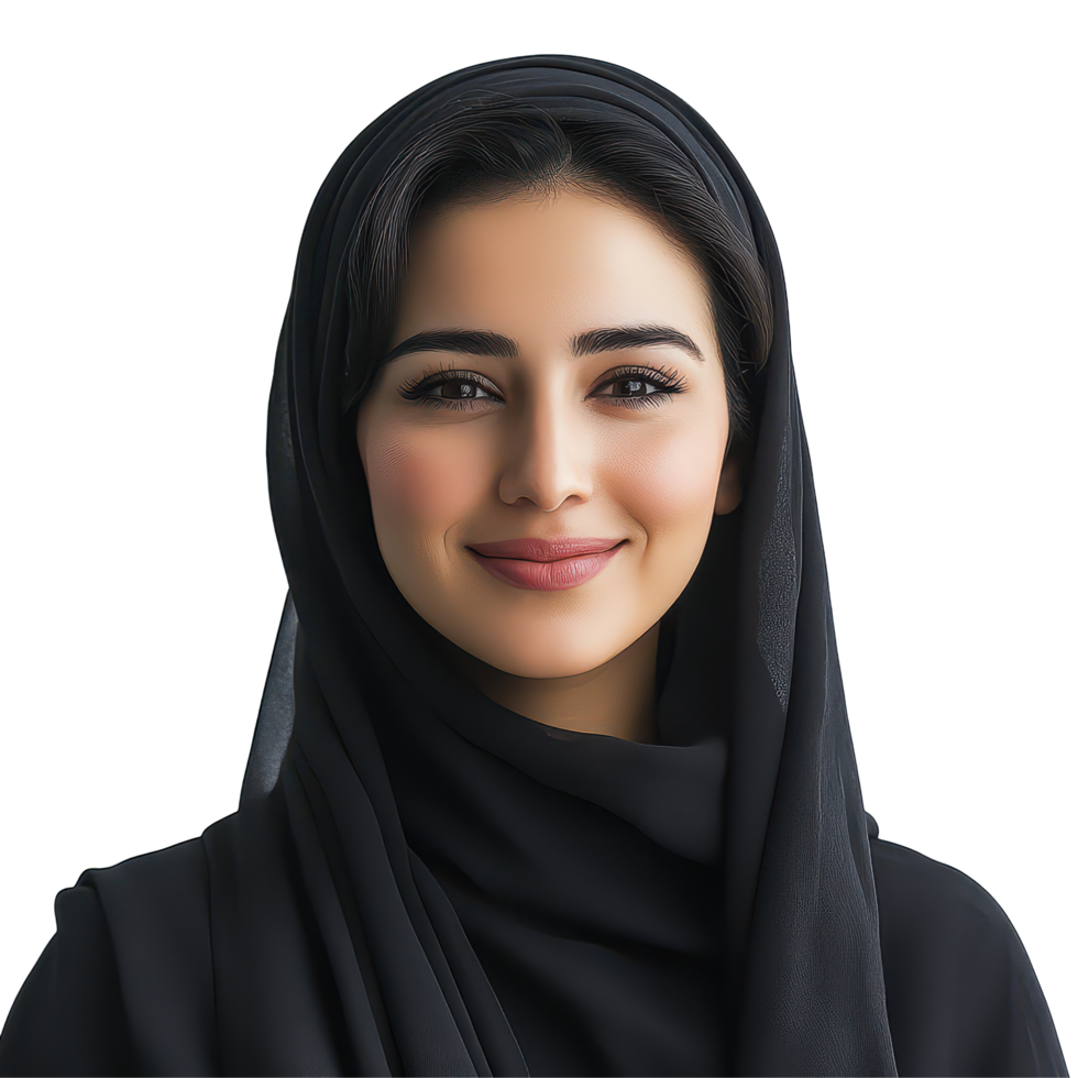 Portrait of a smiling Arab woman wearing a black hijab in a bright, minimalistic setting in the afternoon, a portrait photo of beautiful smiling arab woman in a flowing abaya png