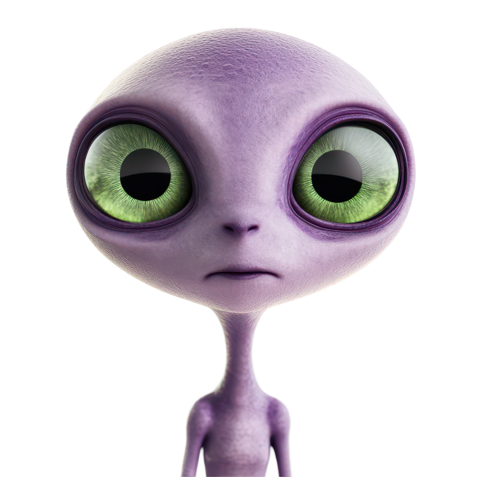 A curious cartoon alien with big green eyes standing against a transparent background, ready to explore and engage, a cartoon alien with big green eyes, transparent background. png