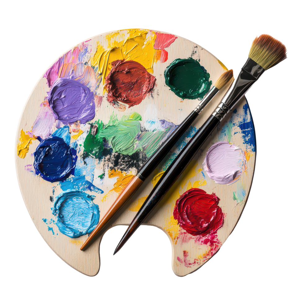 Artistic palette with colorful paints and paintbrushes on a clean transparent background for creative projects, A Palette With Paintbrushes isolated on transparent background png