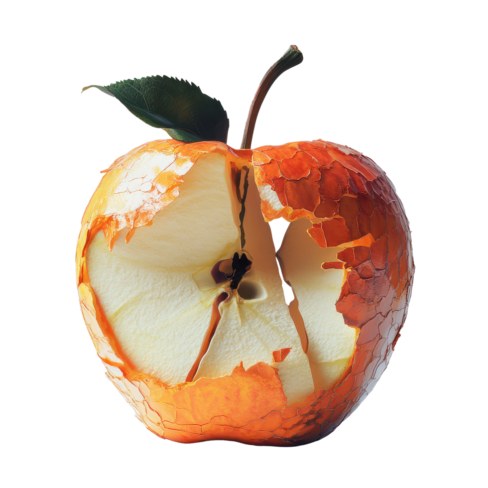 Peeled apple skin revealing fresh interior with natural green leaf on soft surface in bright setting, Apple skin being peeled off png