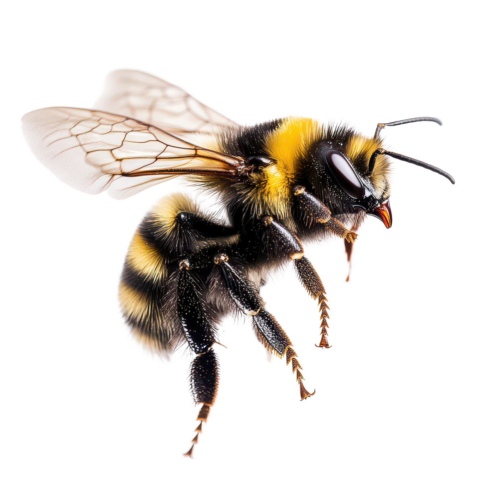 A stunning bumblebee flying in a macro shot, showcasing its intricate details against a transparent background, a stunning bumblebee is flying, macro shotisolated transparent background png