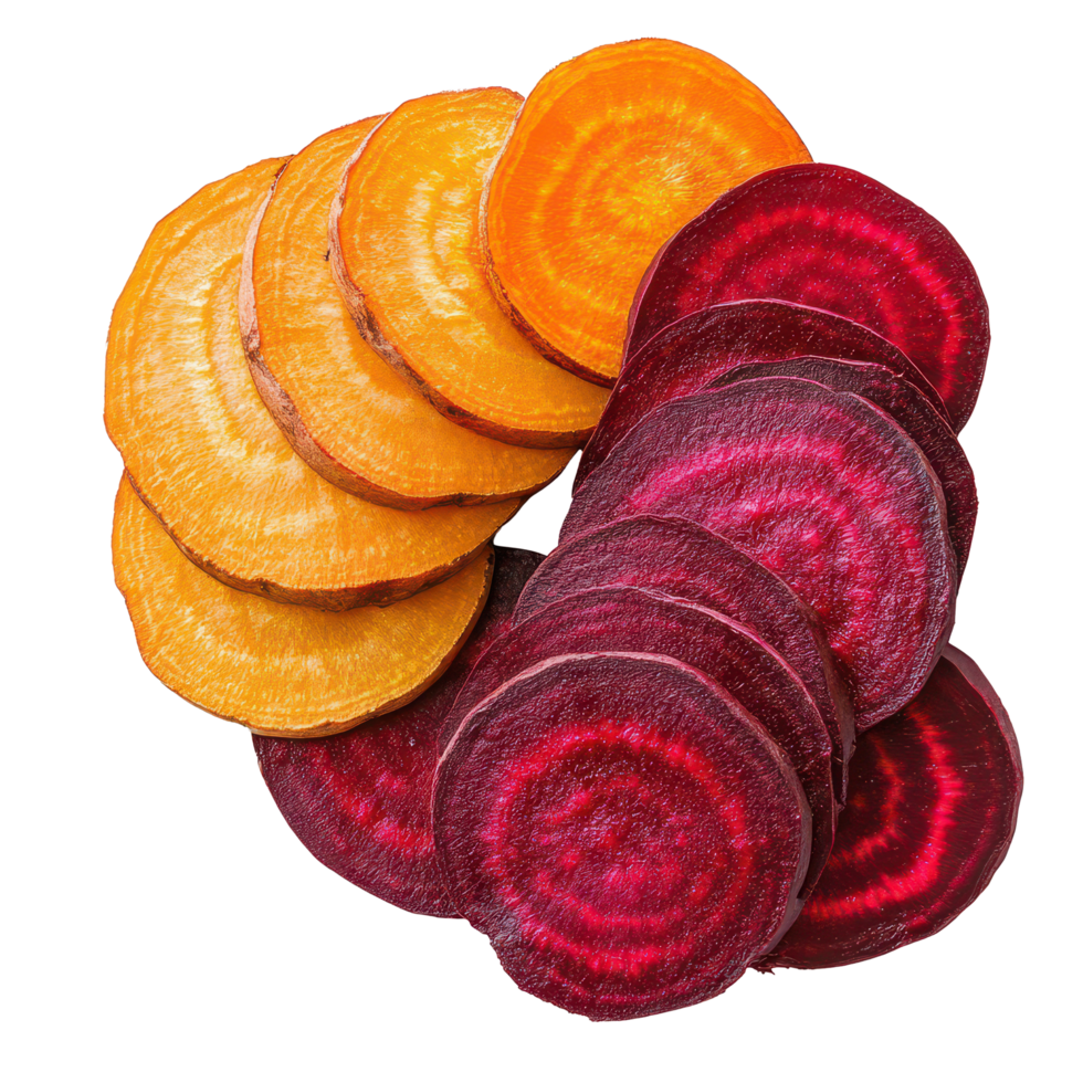 Fresh beetroot and carrot slices arranged beautifully on a transparent background with vibrant colors, Beetroot and carrot slices isolated on transparent background png
