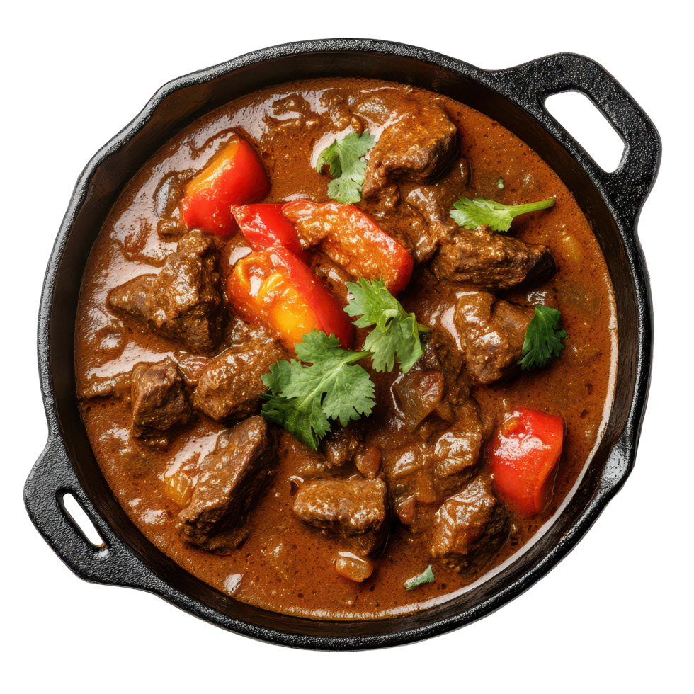 Savory beef curry served hot in a cast iron pot with vibrant peppers and fresh herbs on a transparent background, Beef Curry in a Cast Iron Pot, transparent background. png