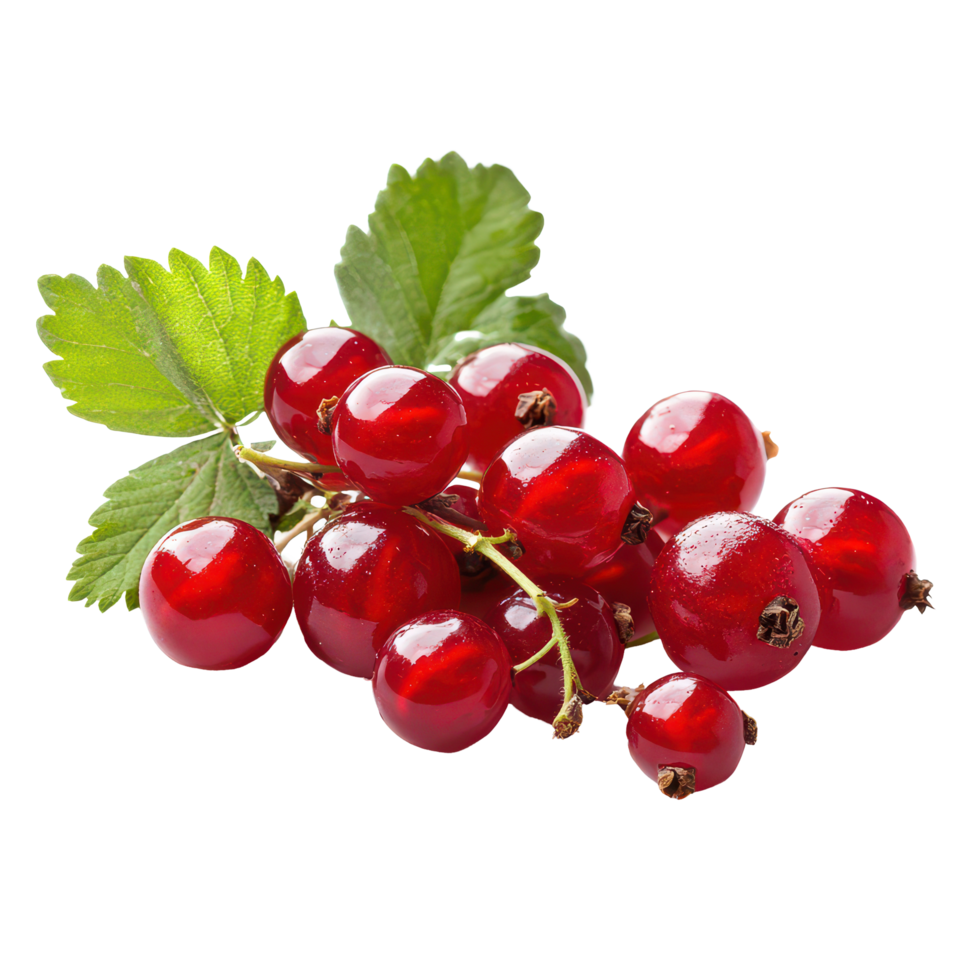 Fresh Bengal currants with green leaves displayed against a clean transparent background, emphasizing their vibrant color, Bengal Currant on transparent background png