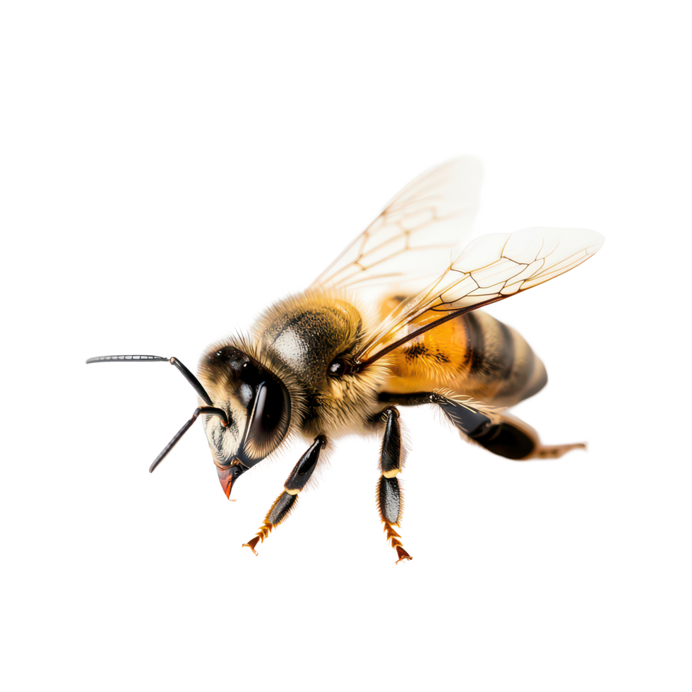 A close-up of a bee resting on a transparent background showcasing its intricate details and vibrant colors, bee on a transparent background abelha, transparent background. png