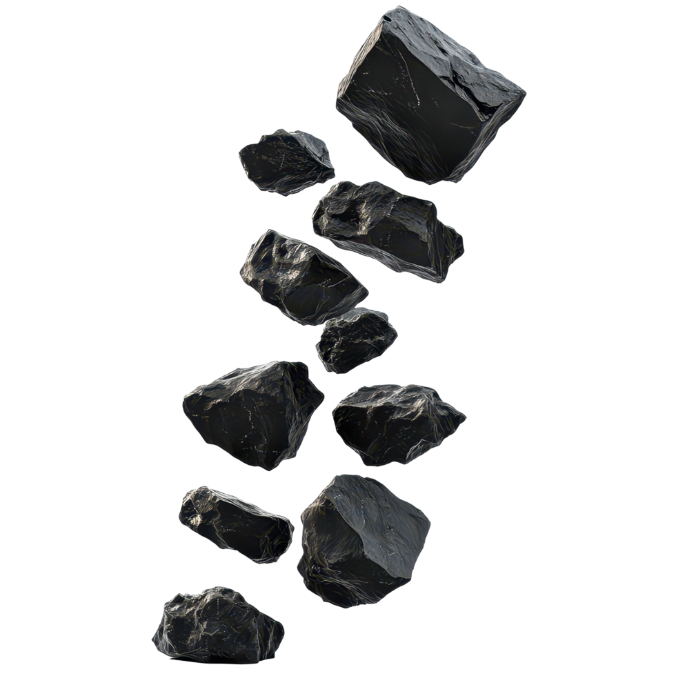 Black rocks levitating and falling in a surreal display against a transparent background, black rocks falling levitating flying, isolated on transparent background png
