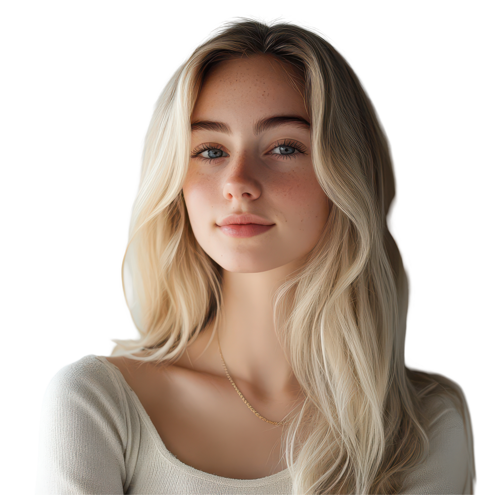 A young blonde woman poses confidently indoors, showcasing her radiant beauty and natural charm, a young blonde woman radiates confidence as she poses against, transparent background. png
