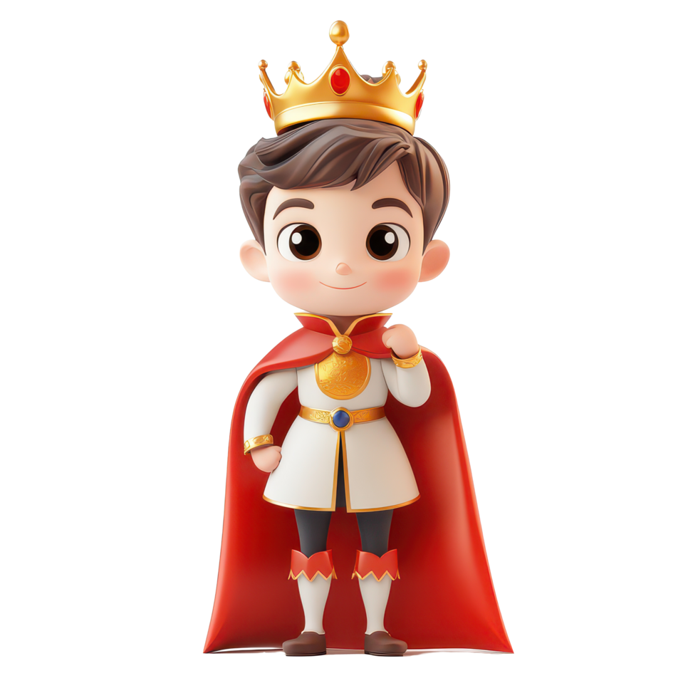 Cartoon prince character with crown and cape standing confidently on a transparent background, 3D Cartoon Prince Characters on transparent background png