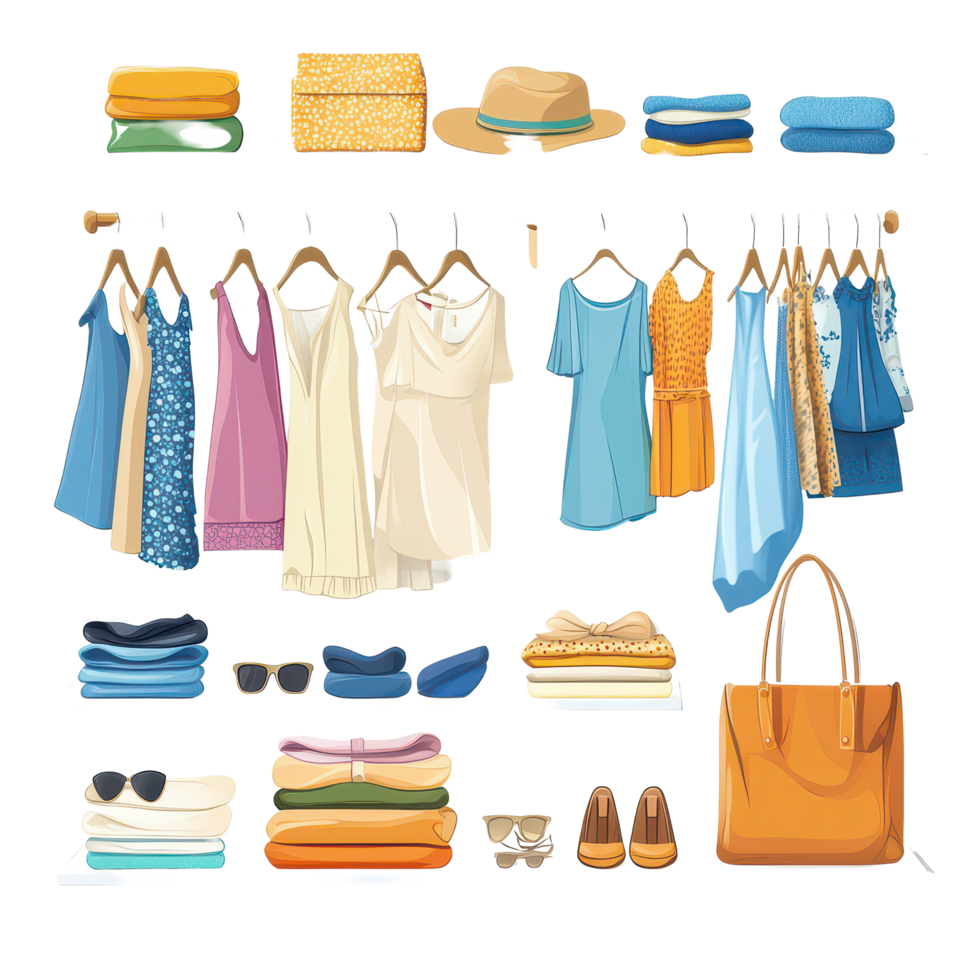 Stylish wardrobe showcasing a variety of clothes and accessories against a clean transparent background, a wardrobe with clothes and accessories, transparent background. png