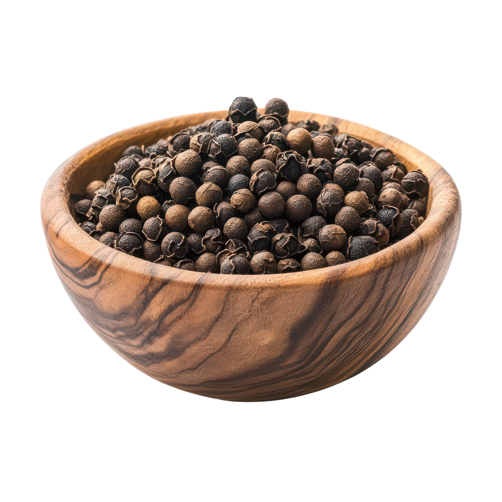 Fresh black peppercorns in a wooden bowl on a clean transparent background for culinary uses and spice decoration, black pepper in wood bowlisolated on transparent background png