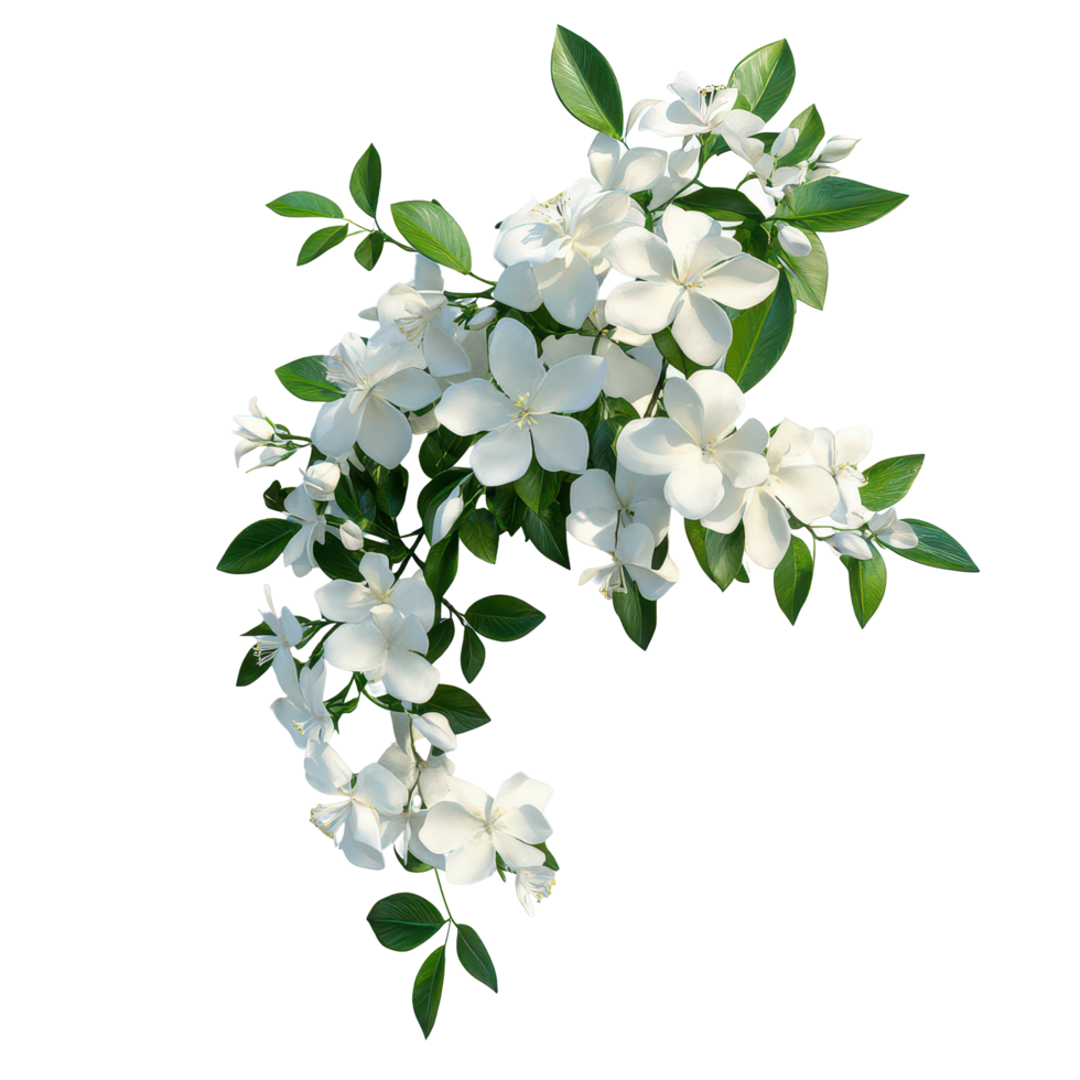Beautiful isolated jasmine flower bush with fresh blooms and vibrant green leaves, a bush of jasmine flowers, file of isolated object with shadow on transparent background png