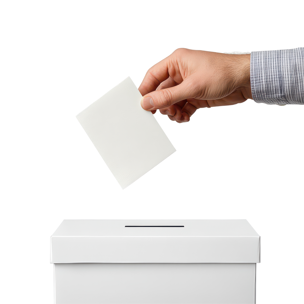 A person casts a ballot into a ballot box during an election process at a voting location, A hand throwing a ballot into a ballot box isolated on transparent background png