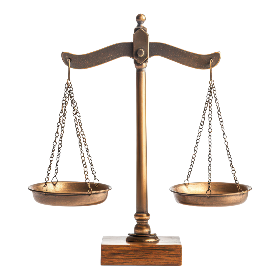 Balance scales with a vintage design resting on a transparent background for legal and educational purposes, Balance Scales on transparent background png
