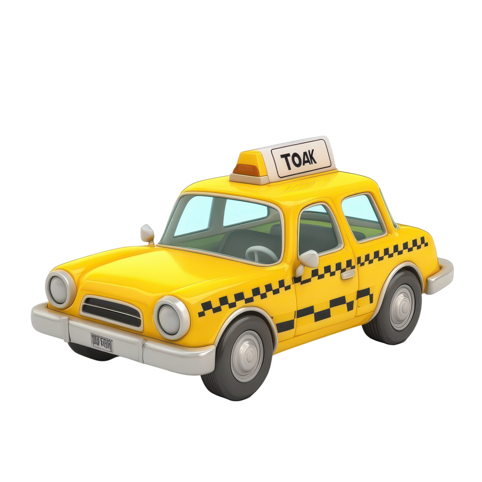 Cartoon-style yellow taxi car with a checkered pattern on a clean transparent background, 3D cartoon style taxi car transparent background png