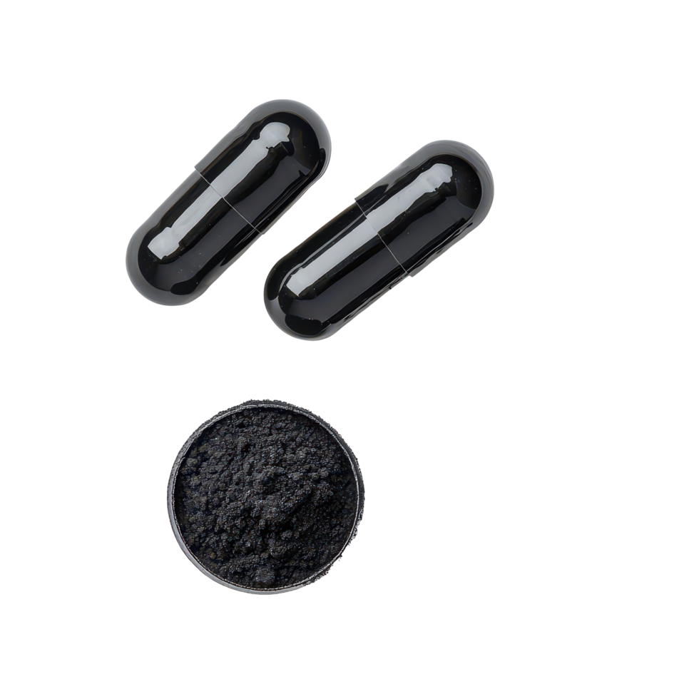 Activated charcoal capsules and powder on transparent background for natural health remedies and detoxification, Activated charcoal capsule and powder isolated on transparent background png