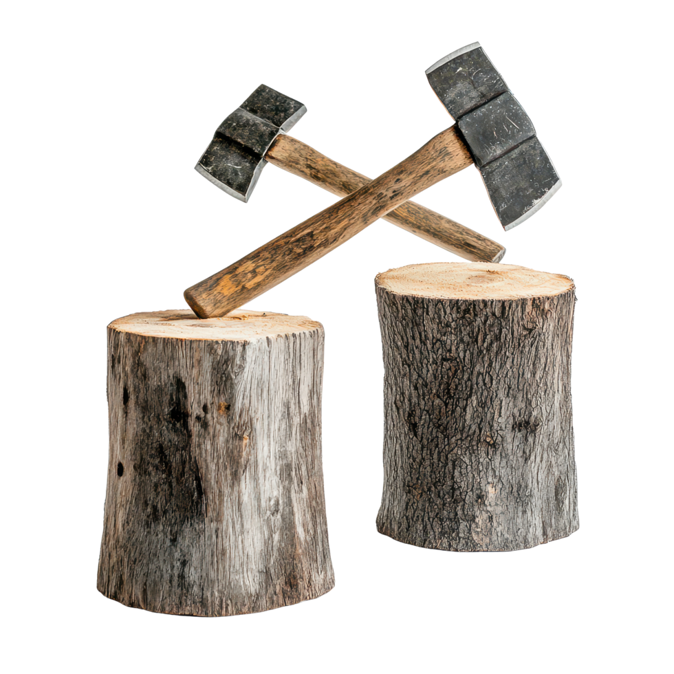 Axes placed on wood stumps showcasing rustic tools against a clean transparent background for a woodworking theme, Axes on Wood Stumps on transparent background png