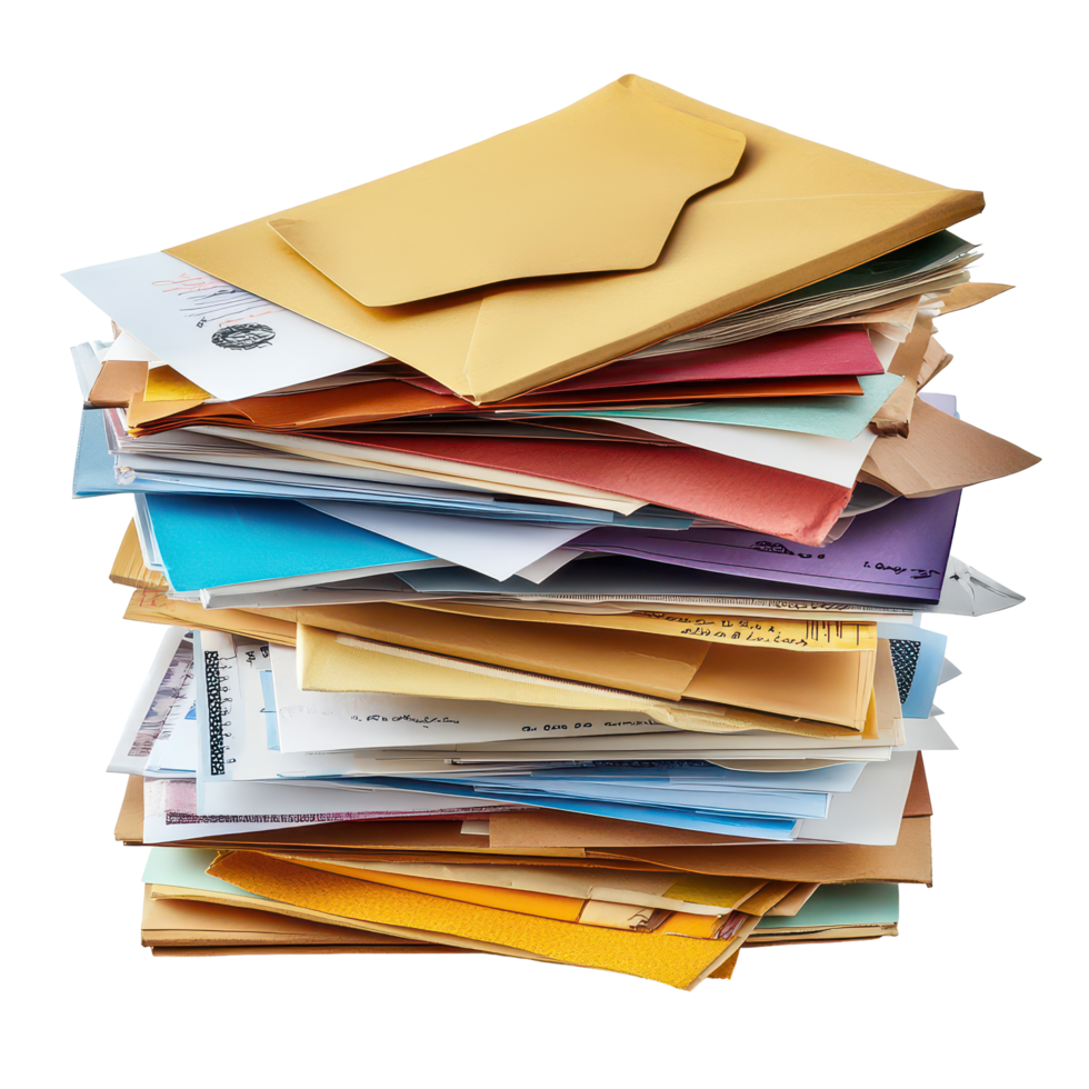 A stack of assorted envelopes containing bills and correspondence isolated on a transparent background, Bills envelopes stack isolated mails correspondence mail png