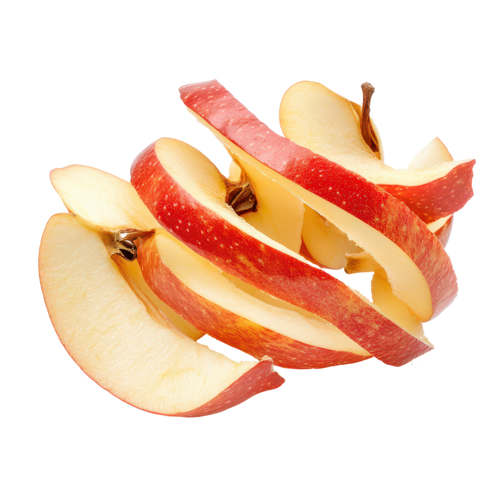 Sliced apple peels twisted into elegant curls against a clean transparent background, apple curls peels sliced swirls isolated on transparent background png