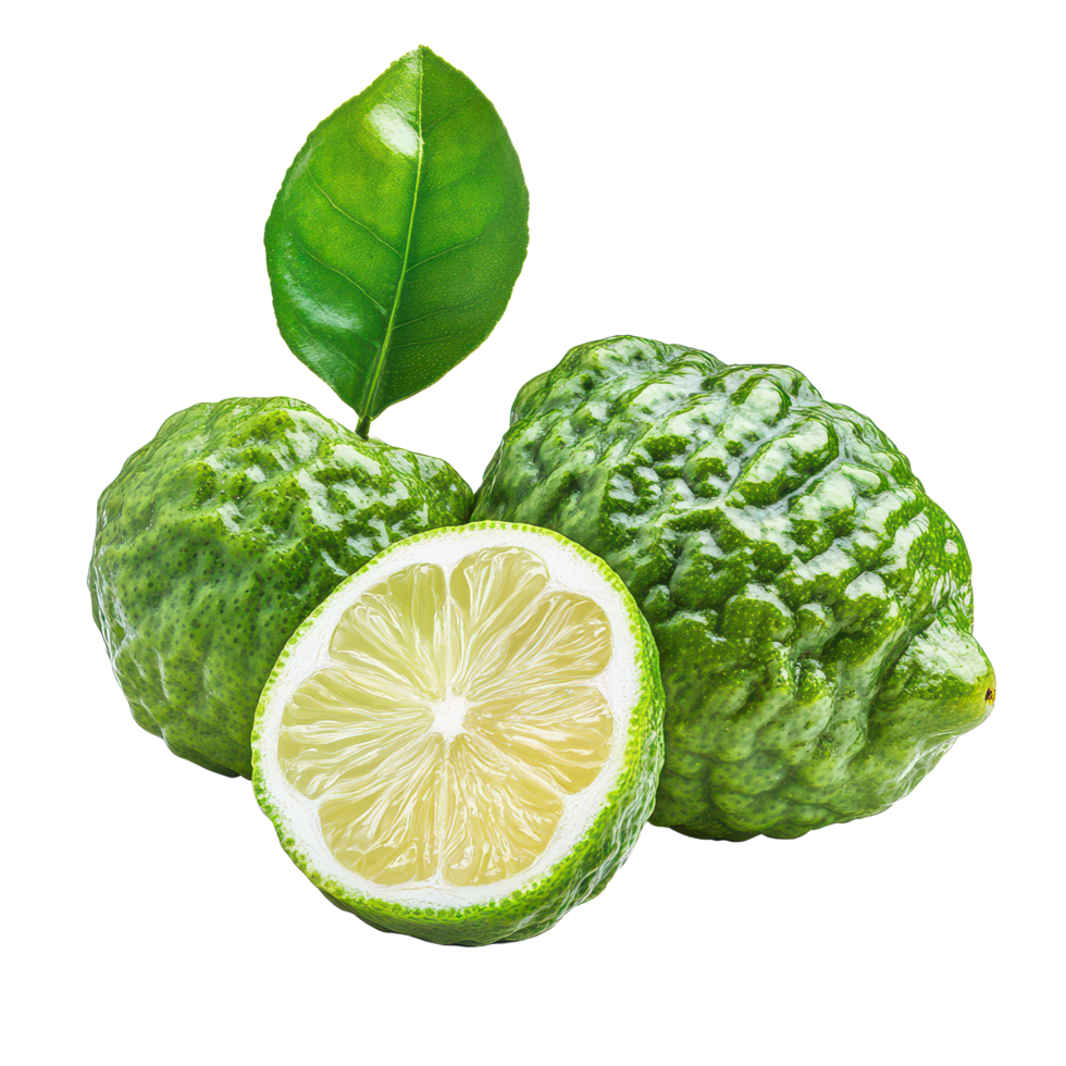 Fresh bergamot fruit with green peel and leaf isolated on a transparent background, showcasing its unique shape and color, bergamot isolated transparent background png