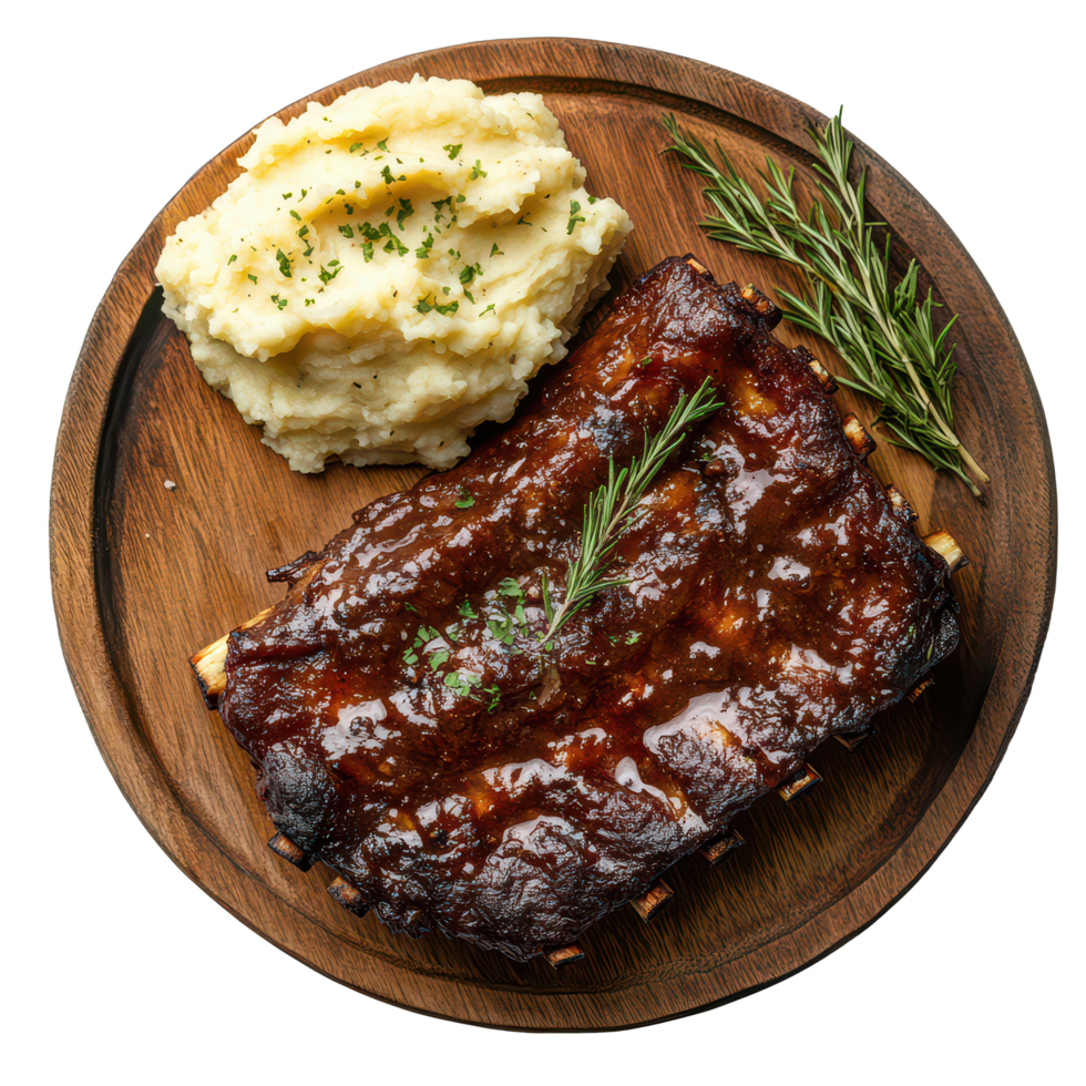 Delicious BBQ ribs served alongside creamy mashed potatoes on a rustic wooden plate, BBQ Ribs and roasted and mashed potatoes on wood plate, isolated transparent background png
