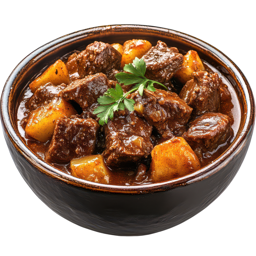Traditional homemade beef stew goulash with tender meat and vegetables in a rustic bowl, Beef stew traditional homemade goulash isolated on transparent background png
