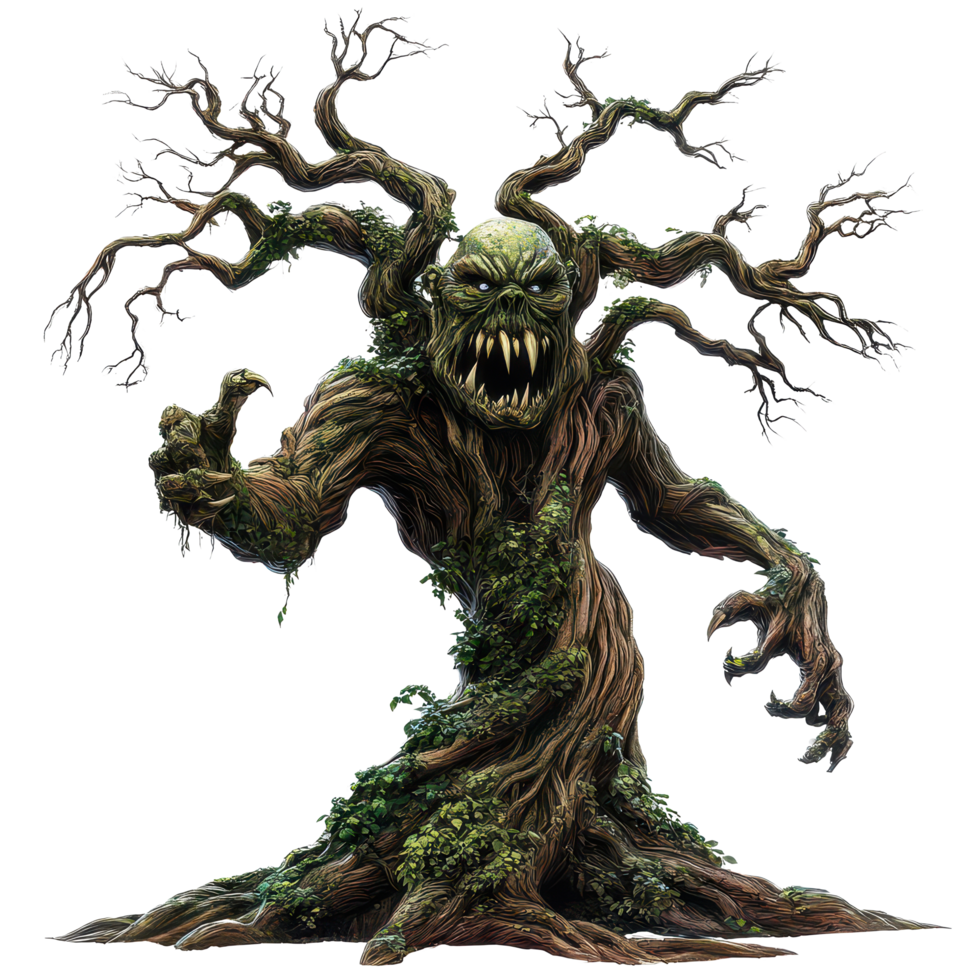 A terrifying monster tree emerges from a stark transparent background with twisted branches and fierce expression, a monster tree, scary tree, transparent background. png