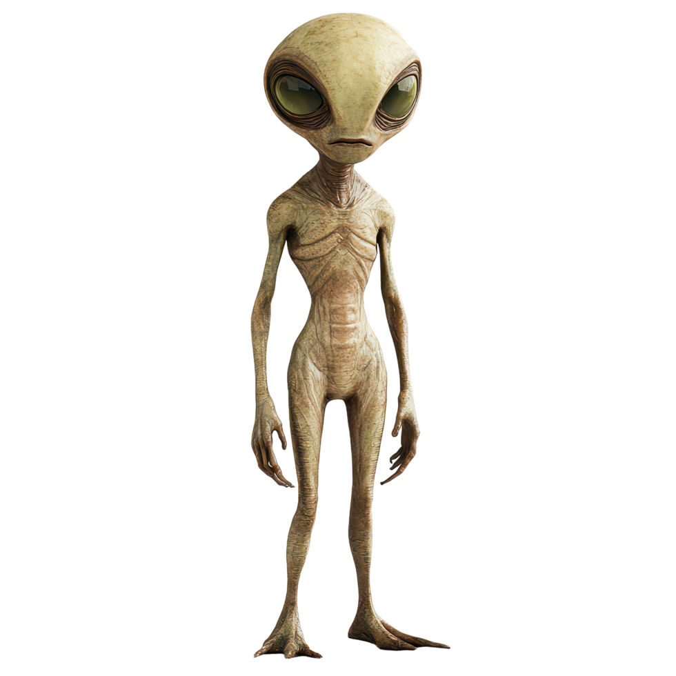 A curious alien stands alone on a bright transparent background, showcasing unique features and extraterrestrial presence, Alien isolated on transparent background png