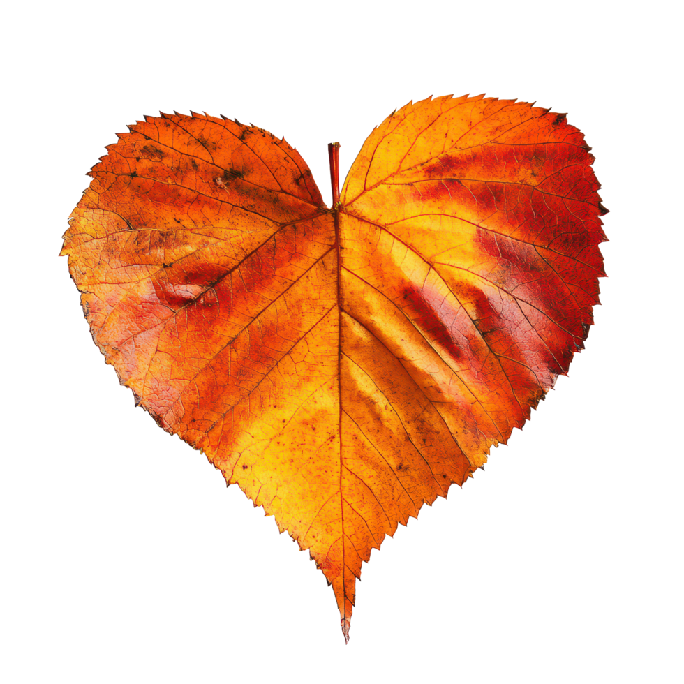 Heart-shaped autumn leaf on a transparent background capturing the essence of fall's vibrant colors in nature, Autumn leaf heart shape on transparent background png