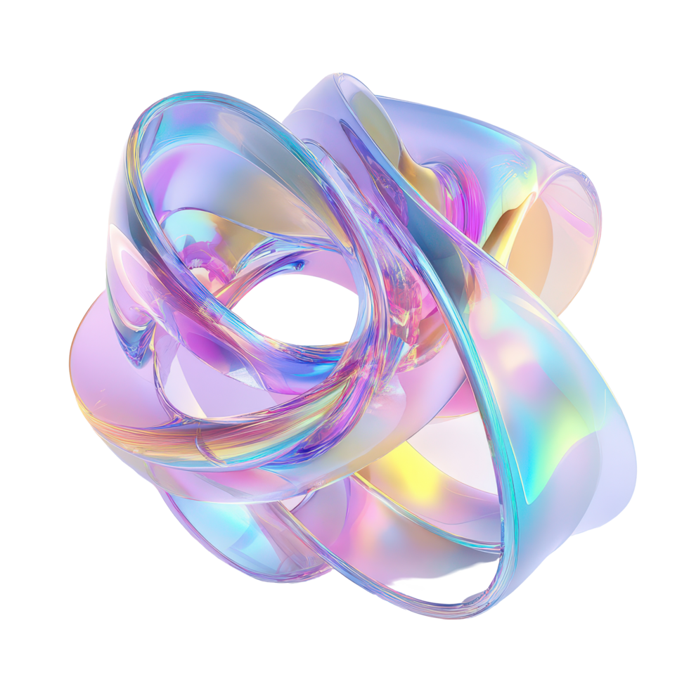 Holographic shapes on a transparent background create a mesmerizing, colorful display with fluid design, Abstract Holographic 3D Shapes - On transparent background png