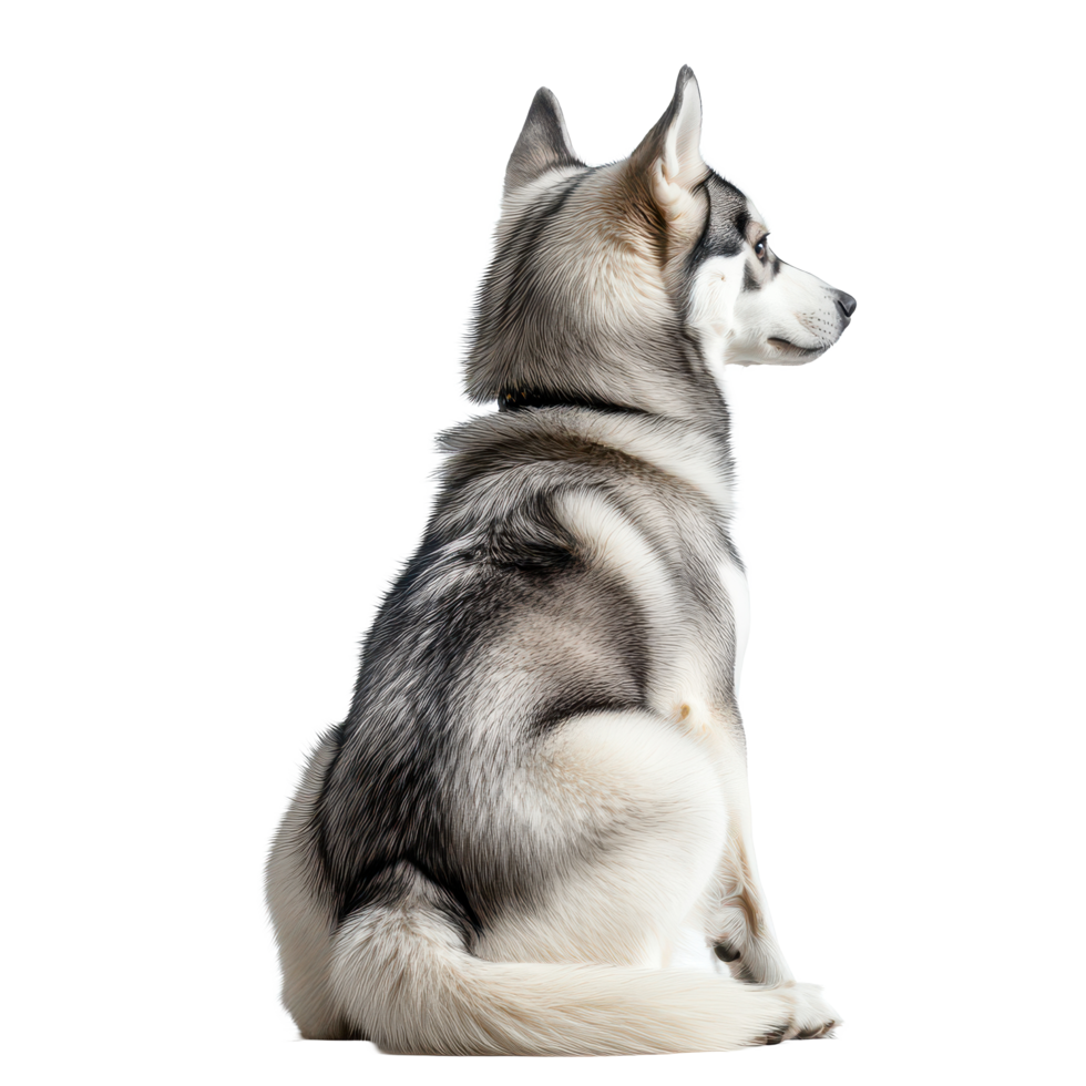 Husky dog sitting calmly and observing its surroundings in a serene indoor setting, Back view husky dog sitting and looking something png