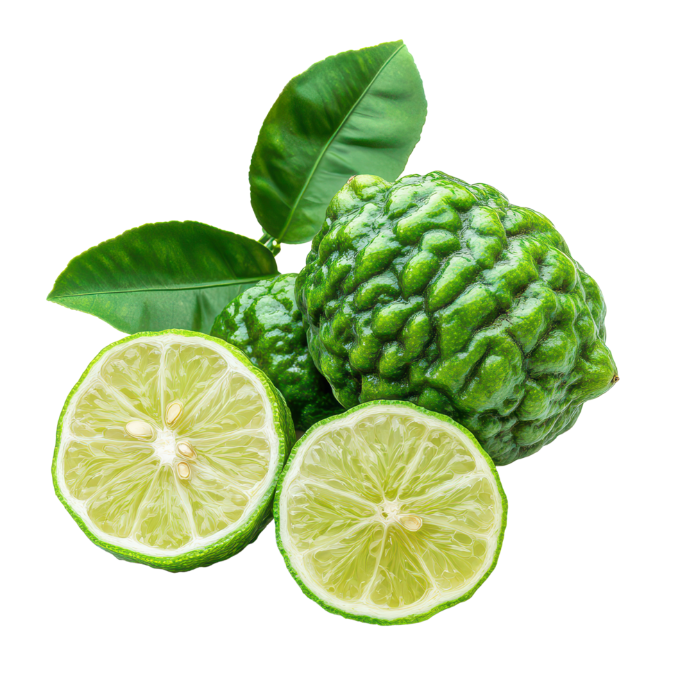 Fresh bergamot and lime fruits on a transparent background showcasing their vibrant green color and texture, Bergamot or Thai lime and lime isolated on transparent background png