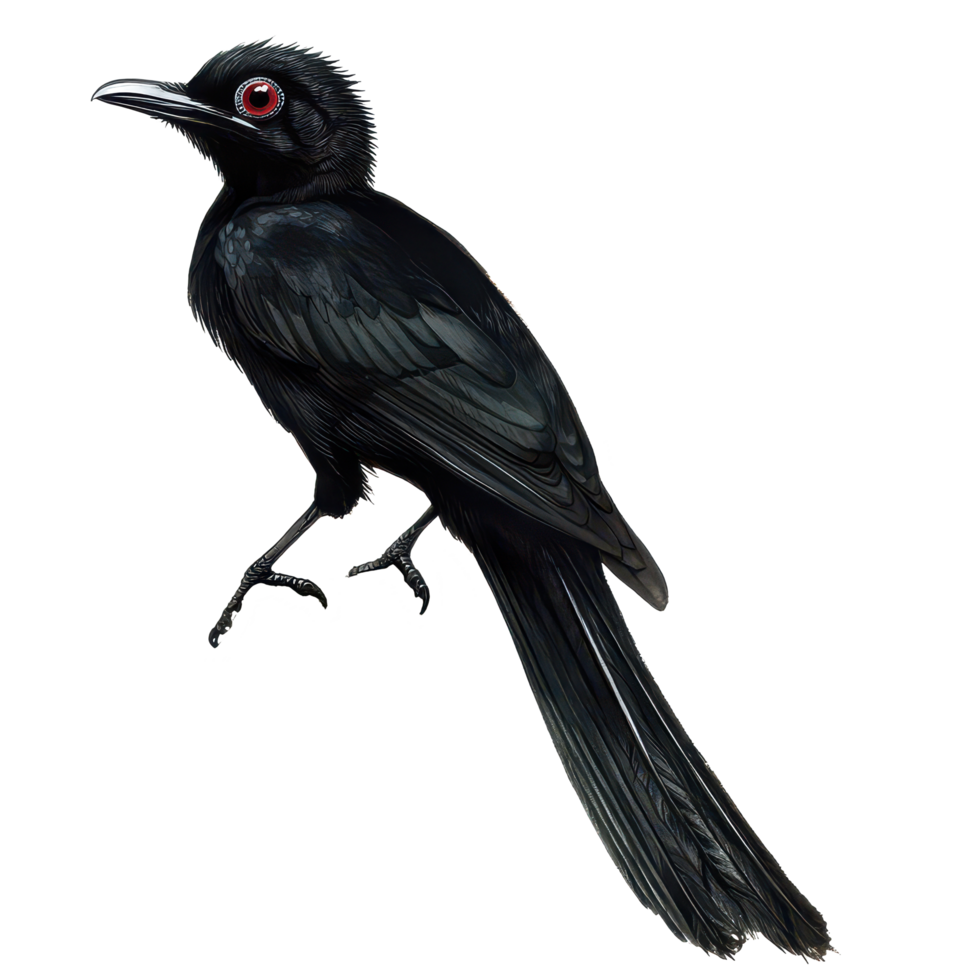 Black galingale perched gracefully on a branch against a clean transparent background, showcasing its striking features, Black galingale on transparent background png