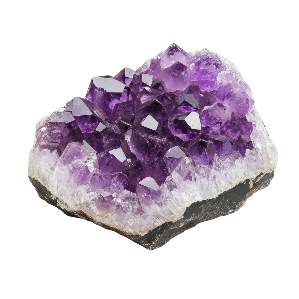 Amethyst crystal cluster displaying vibrant purple hues isolated on a clean transparent background, Amethyst stone isolated on transparent background png