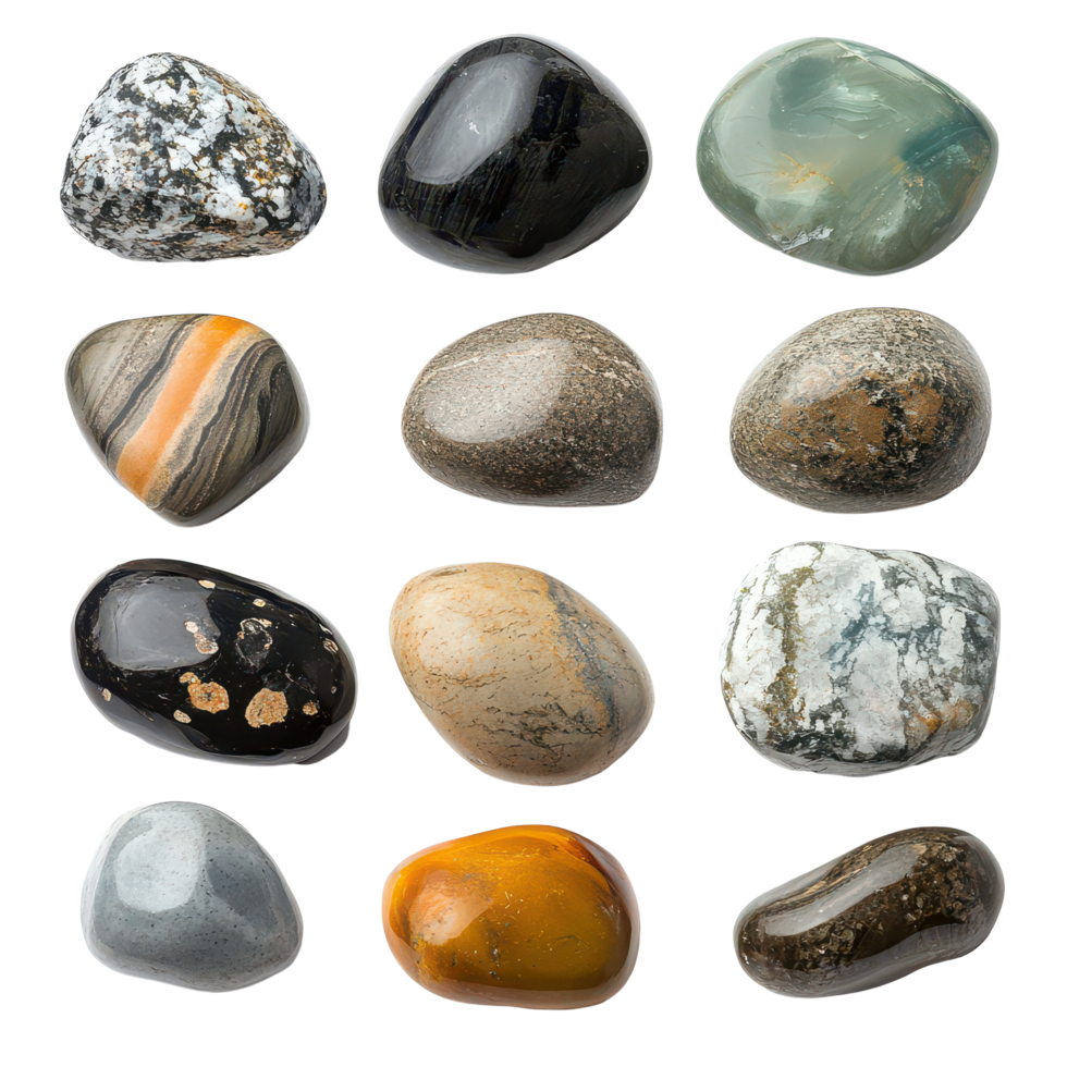 Collection of assorted natural stones and pebbles arranged neatly on a transparent background for artistic display, Assorted Natural Stones and Pebbles Isolated png