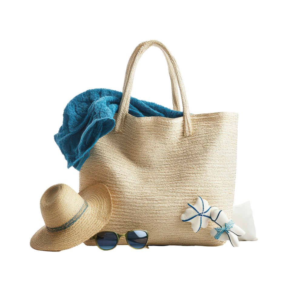 Beach bag packed for a sunny day at the seaside featuring essentials like a towel, hat, and sunglasses, Beach bag with items for a day at the seaside on transparent background png