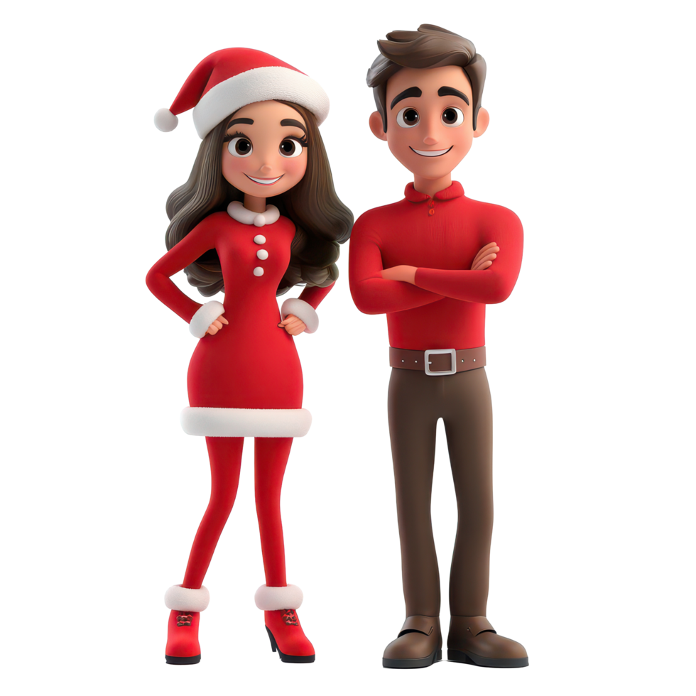 A cheerful cartoon couple dressed in festive Christmas attire standing together in joyful celebration, 3D Cartoon Couple in Festive Christmas Attire on transparent background png